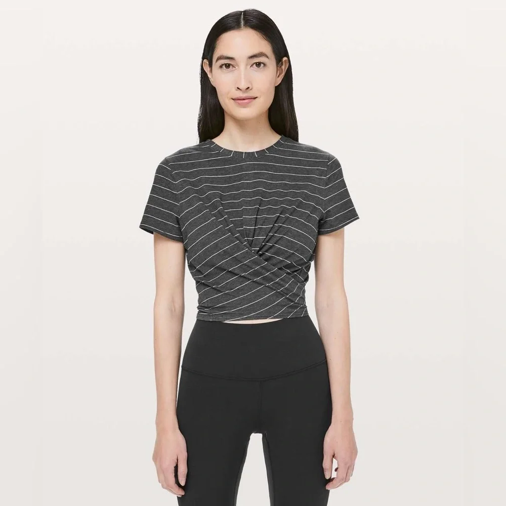 Lululemon Time To Restore Striped Tie Back Cropped Twist Short Sleeve Shirt